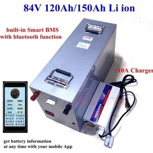 Powerful 84v 120Ah150Ah li ion battery BMS with bluetooth for 8400W inverter EV power supply motorhome AGV robot RV+10A charger