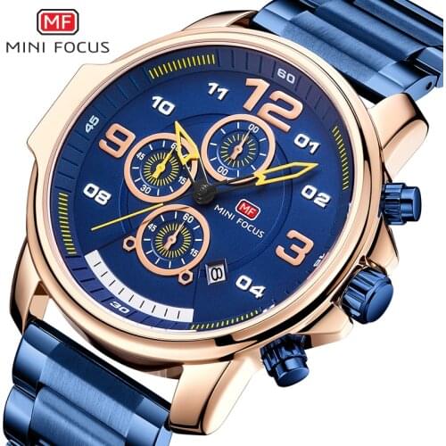 MINIFOCUS 2019 Mens Watches Top Brand Luxury Blue Steel Quartz Chronograph Luxury Men Watch Blue Steel Mens Watch Blue Dial