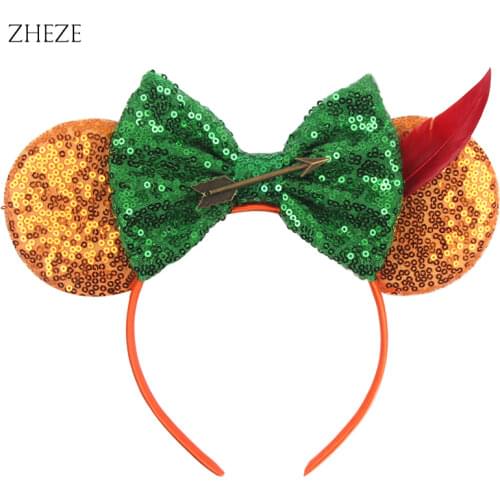 1Pc Green Sequins Big Bow Mouse Ears Headwear Chic Red Feather Glitter Hairband For Girls Festival DIY Hair Accessories Headband