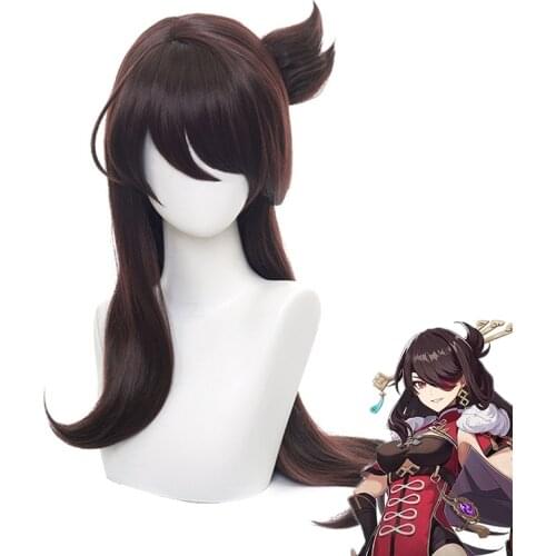 Genshin Impact Beidou Cosplay Wigs Long Brown Straight Wig with Bun Heat Resistant Synthetic Hair Game Cos Halloween
