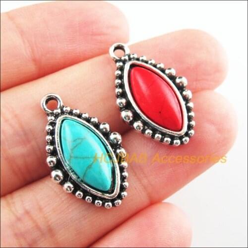 10Pcs Retro Tibetan Silver Tone Eye Oval Blue&Red Stone Charms Pendants 14.5x23.5mm