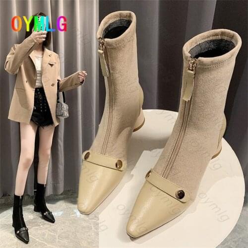 Short boots womens mid-heel pointed suede fashion boots autumn winter 2020 Korean version of the new front zipper womens shoes