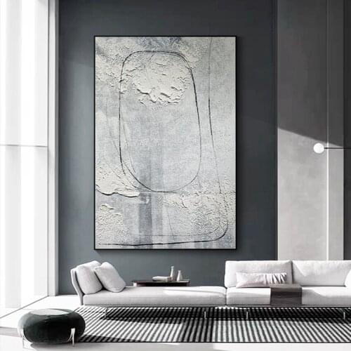 Modern Simple Handmade Abstract Painting In Grey And White With Black Lines Restaurant Wall Art Decoration Unframed Painting