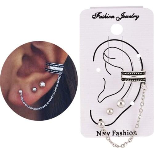 Starose Cool Ball Cuff Earrings Set Tassel Chain Helix Piercing Ear Stud Earring Alloy Fake Ear Piercing Body Jewelry for Women