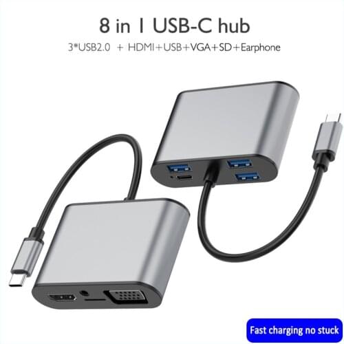 USB Type-c Hub to HDMI+VGA+PD SD Card Reader 8-in-1 Docking Station USB3.0 HUB Multifunctional USB C Hub PD Fast Charge