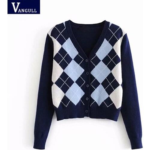 Vintage Stylish Geometric Rhombic Cardigan Sweater Women 2020 Fashion Autumn Warm Long Sleeve Outerwear Chic England Style Tops