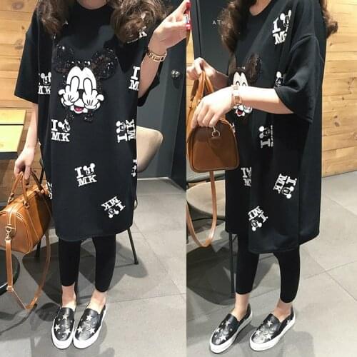 XL-5XL Disney Mickey Mouse Long T-shirts Women Summer Black Tops Oversized Female Casual Summer Women Lady T-shirts Fashion Tees