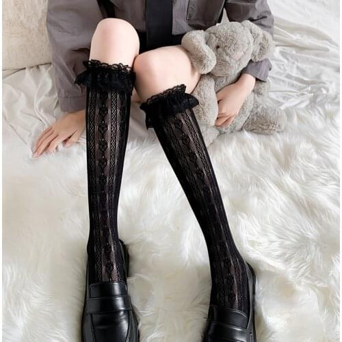 Women Japanese Black and White Jk Lolita Cute Kawaii Lace Heart Calf Socks Knee High Tights Stockings Pantyhose