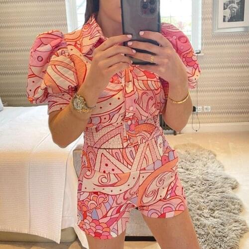 AGong Summer Puff Sleeve Suits Women Fashion Single Breasted Printed New Suits Women Elegant Pockets Shorts Suits Female Ladies