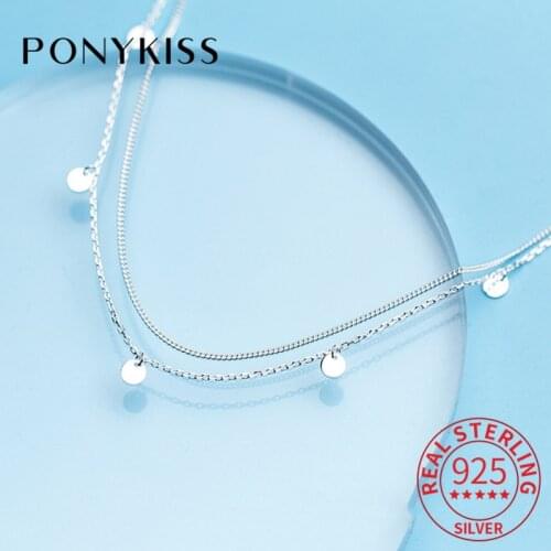 PONYKISS Trendy 100% 925 Sterling Silver Double Layer Round Pendant Necklace Simple Fashion Accessory Chic Gift For Women Party