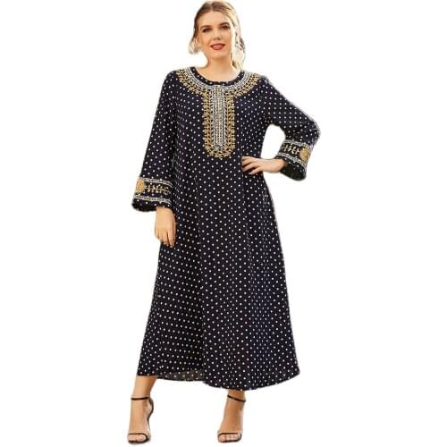 Summer Large Womens Long Sleeve Embroidery Fashion Blue Dot Printing Casual Muslim Evening Dress Mc20990