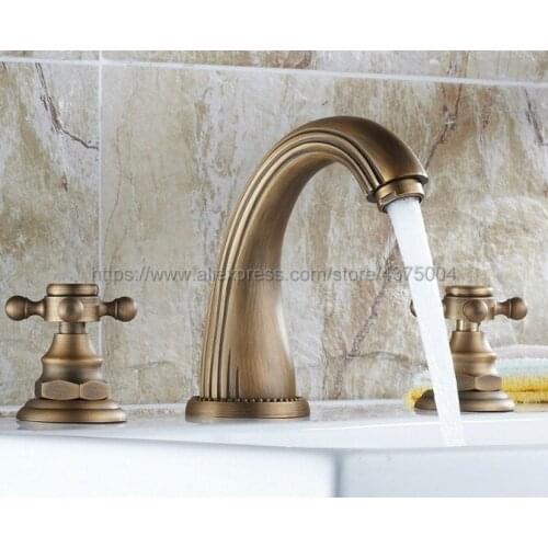3 Hole Antique Brass Deck Mounted Bathroom Mixer Tap Bath Basin Sink Vanity Faucet Water Tap Bath Faucets Nnf009
