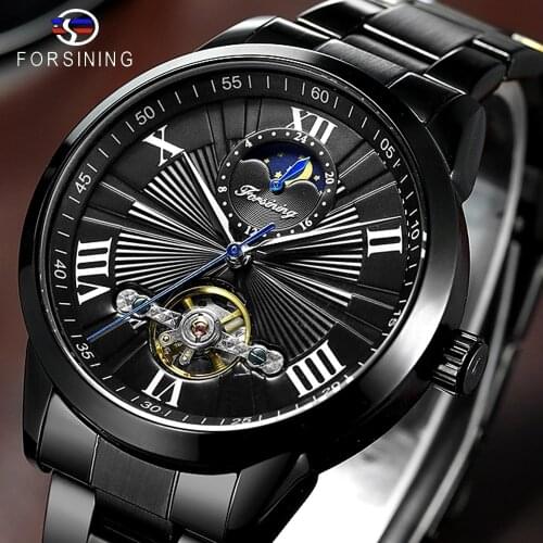 Forsining Men Automatic Mechanical Watch Tourbillon Moon Phase Black Business Sport Stainless Steel Strap Watches Steampunk Gift