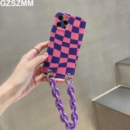 Phone Bag for Iphone 12 Case Grid IMD Protective Cases fro Iphone 7 8 Plus 11 Pro Max Xs Max Xr X Cover Chain Bracelet Strap