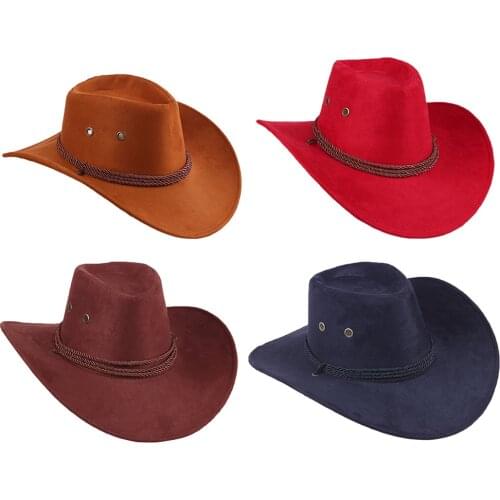 2019 New Western Cowboy Cowgirl Hat Hero Style Retro Black Brown Red Faux Leather Men Women Riding Cap Wide Brim 58CM wholesale