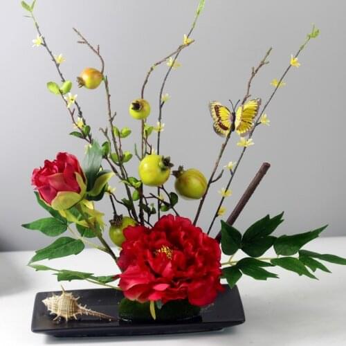 Chinese Ceramic Vase+Peony Pomegranate Fake Flower Home Livingroom Desktop Figurines Decoration Coffee Table Ornaments Crafts