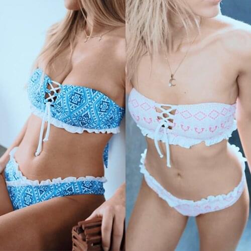 Thong Tube Top Swimsuit Set Bandage Tether No Steel Ring Bra Print Two Piece Bikini Split Swimsuit Beach Sexy Ladies Swimwear