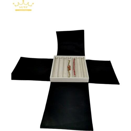 Square Shape Claim Velvet Jewelry Display Tray With Gold Black PU Cover Portabel Ring Storage Holder Travel Carrying Case Bag