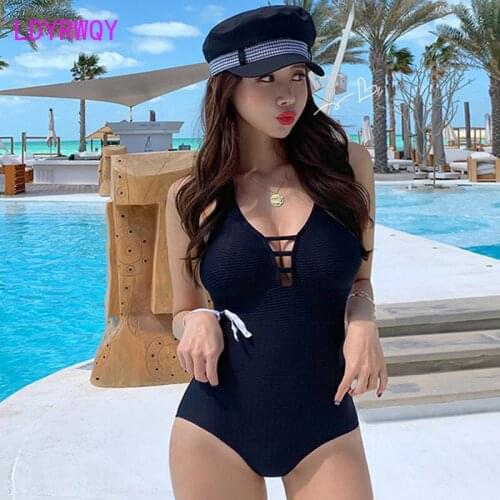 LDYRWQY 2021 new swimsuit Korean female one-piece cover belly black slim halter cover belly fashion bikini Polyester