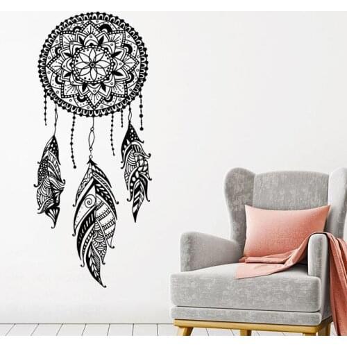 Dream Catcher Wall Decal Feathers Night Symbol Wall Sticker Home Bedroom Decor Indian Mandala Bohemian Design Wall Mural AY1450