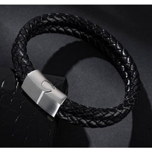 MOZO FASHION 2020 Trendy Simple Men Bracelet Genuine Leather Bracelet Stainless Steel Buckle Bracelet High Quality Women Jewelry