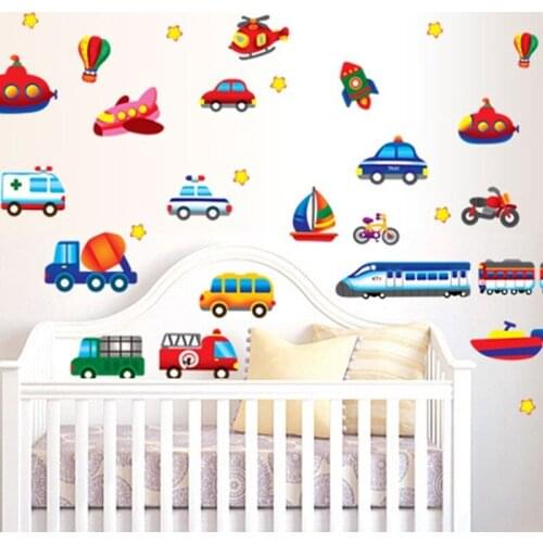 Cartoon Vehicle Wall Stickers for Kids Room Boys Bedroom Bedside Background Decals for Furniture Vinyl Removable Wallpaper