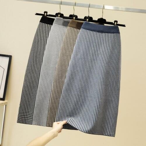 Autumn Winter Houndstooth Plaid Long Knitted Pencil Skirt