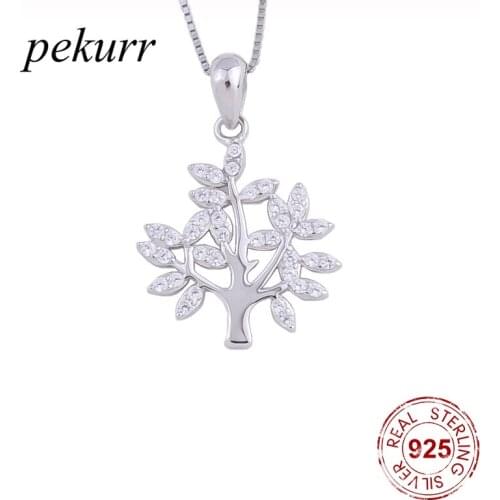 Pekurr 925 Sterling Silver Tree of Life Necklaces For Women Zircon Crystal Leaf Pendants Choker Fashion Jewelry Accessories