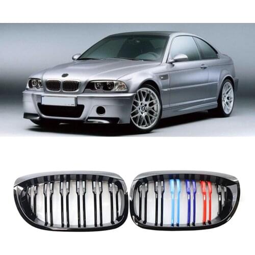 A Pair Car Front Kidney Double Slat Grill Grille For BMW 3 Series E46 2-Door 2002-2006 Gloss Black Car Styling Accessories
