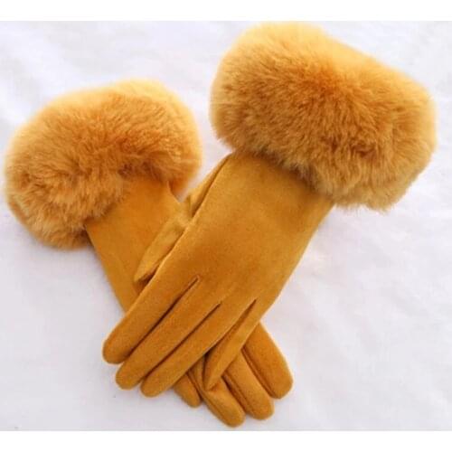 Women Faux Rabit Fur Wrist Suede Leather Touch Screen Driving Glove Winter Warm Plush Thick Full Finger Cycling Black Mitten H92