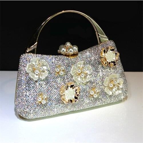 Luxury Totes Handbag Crystal Clutch Women Bridal Wedding Shoulder Bag Floral Genuine Leather Rhinestone Purse Evening Party Bags