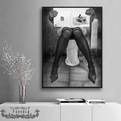 Read The Newspaper On The Toilet Poster Black White Women Photography Canvas Painting Wall Art Pictures For Living Room