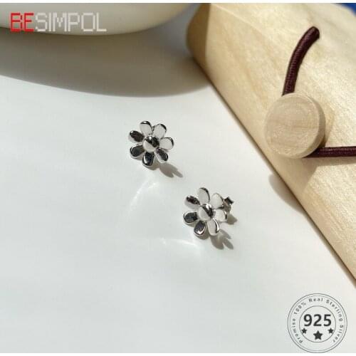 Besimpol Trendy 100% Real 925 Sterling Silver Stud Earrings Simple Flower Earrings For Women Fashion Fine Jewelry Birthday Gifts