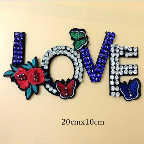 Rhinestone LOVE letters Beaded Embroidery Fabric Applique Patch African Flower Sew Dress Cloth Bag Shoes Decorate DIY Accessory