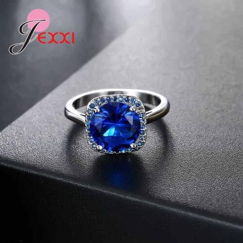 Trendy New 925 Sterling Silver Engagment Rings For Women Accessory Princess Blue Crystal Bridal Wedding Bands Ring Jewelry