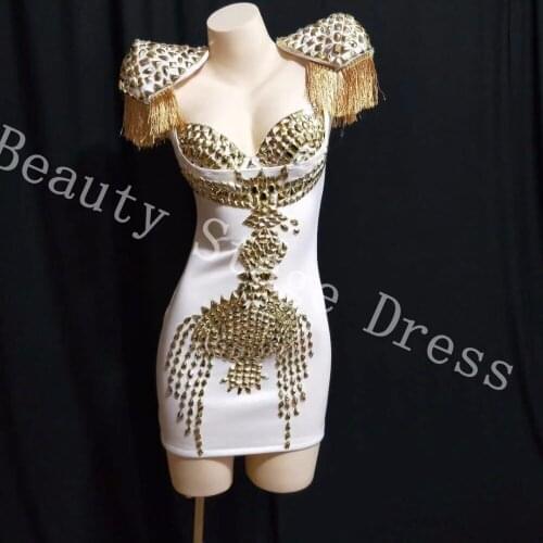 Bright Gold Rhinestones Tassel Stretch White Dress Womens Birthday Celebrate Dress Nightclub Prom Party Women Singer DJ Dress