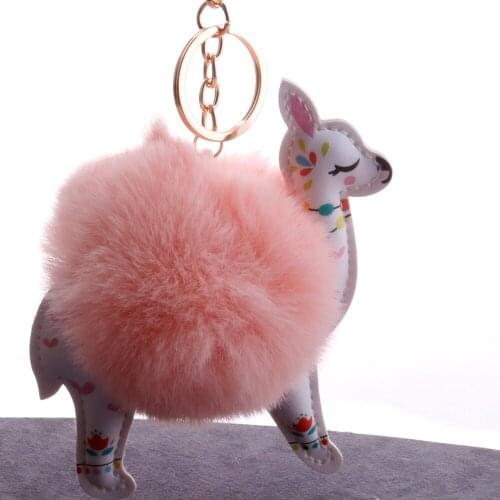 ZG Fluffy Fur Ball Cute Alpaca Keychain Leather Cartoon Key Ring Charm Artificial Rabbit Fur Pompom Key Chain Women Jewelry Gift