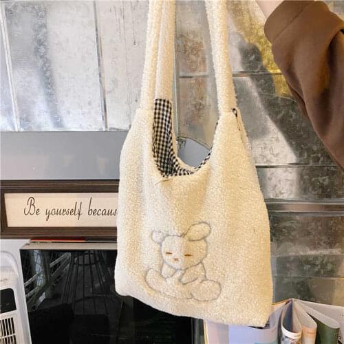 Womens Bag 2021 New Shopper with Lamb Wool Cute Bear Like Fabric Shoulder Bag Canvas Handbag Tote Large Capacity Bag For Girls