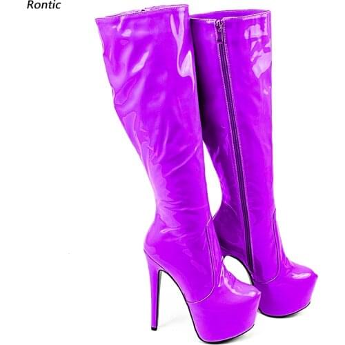 Rontic New Women Winter Knee Boots Unisex Side Zipper Stiletto Heels Round Toe Gorgeous Purple Violet Cosplay Shoes Size 35-52