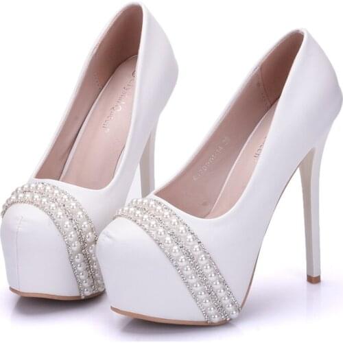 Crystal Queen Pearl Rhinestone Womens Wedding Pumps High Heel Platform Wedding Shoes Gentlewomen Bridal Shoes Party