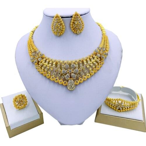 Nigeria Jewelry Sets for Women Hollow Necklace Flower Shape Crystal Bracelet Earrings Elegant Bridal Wedding Ring Jewelry