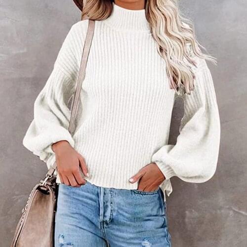 Womens Fashion Solid Color Large Size Sweater Women Loose Casual High Neck Pullover Acrylic Lantern Sleeve Autumn and Winter