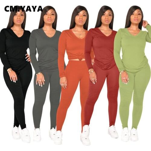 CM.YAYA Sport Sweatsuit Womens Set V-neck Long Sleeve Tops Legging Pants Set Matching Tracksuit Two Piece Fitness Outfit Set