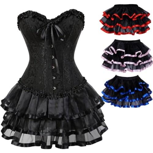 Womens Sexy Jacquard Lace Up Overbust Corset Bustiers Dress Gothic Body Shaper Mini Skirt Tutu Plus Size XS-7XL