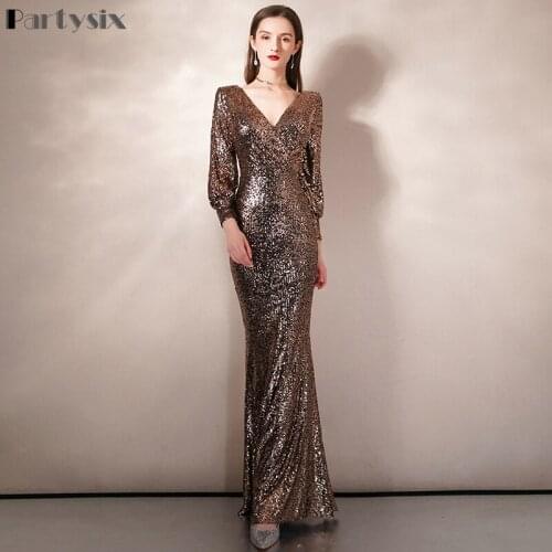 Partysix 2021 Women Autumn Winter Elegant V Neck Sequin Dress Long Sleeve Maxi Bodycon Dress Female Evening Party Dress
