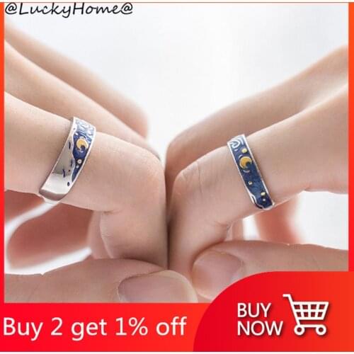 2Pcs S925 Plated Van Gogh Blue Starry Sky Open Lover Rings Band Love Forever Ring Set Romantic Jewelry