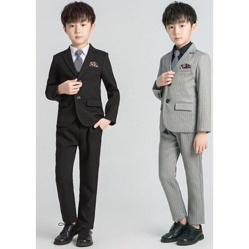 Childrens Dress Suit Autumn Winter Teen Boys Fashion Striped Suit Jacket Pants Vest Shirt Tie 5 Pcs Set Kids Performance Suit