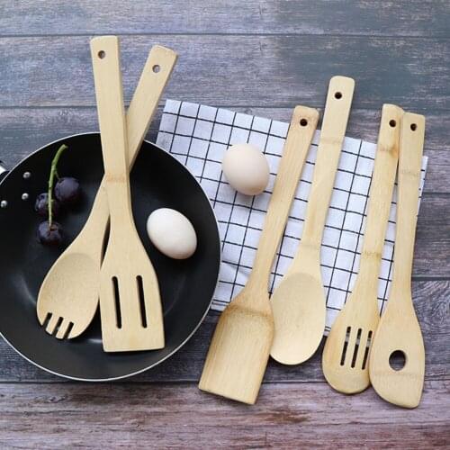6Pcs Kits Wooden Handle Ware Cooking Bamboo Nonstick Kitchen Utensil Spatula Beef Mixing Tools Cookware Shovel Wide Accessories