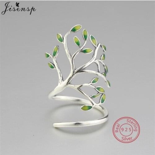 925 Sterling Silver Green Enamel Leaves Adjustable Finger Rings for Women 2021 Trendy Tree of Life Ring Fine Jewelry Accessories