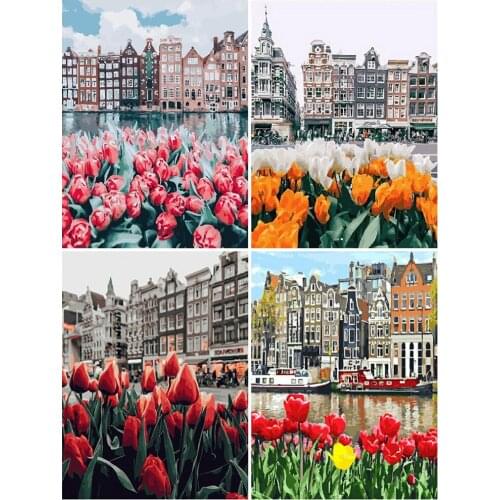 KAMY YI Landscape City Flowers Tulips Diamond Painting Cross Stitch 5D Diy Embroidery Full Diamond Mosaic Home Decoration
